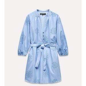 Zara Light Blue Eyelet Shirtdress with Tie Waist